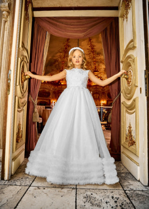 Beaded White Lace Organza V Back Chic Flower Girl Dress